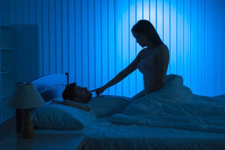 The couple have sex in the bed. night time